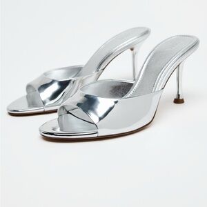 Zara laminated heeled mules silver metallic